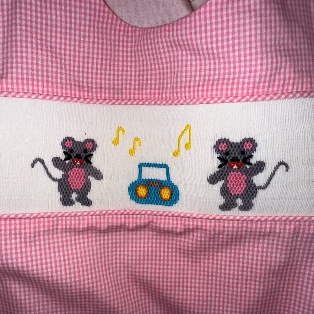 Pink and White Gingham Bib with Playful Mouse Design
